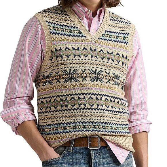 Polo Ralph Lauren Fair Isle Cotton Cashmere Sweater Vest beige large $348 - Picture 2 of 8